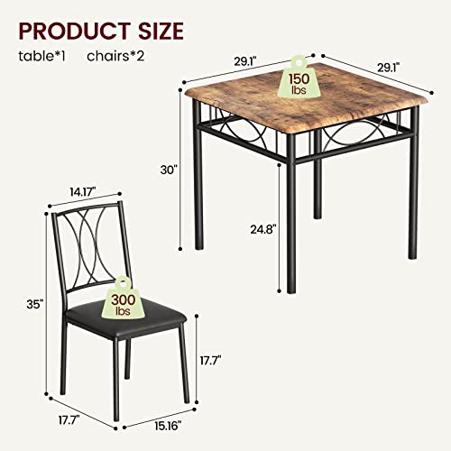 Amyove Kitchen Table Set for 2, 3 Piece Dining Table and Chairs, Metal and Wood Square Dining Room Table Set with 2 Upholstered Chairs, Dining Table Set for Small Spaces, Apartment, Rustic Brown