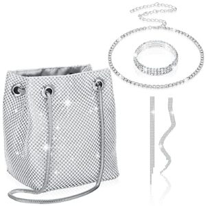 4 pcs rhinestone purse jewelry set for women silver wedding bucket bag evening purse crossbody shoulder bucket bags crystal choker necklace and earring jewelry set for prom party wedding