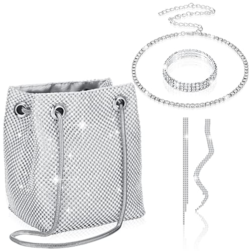 4 Pcs Rhinestone Purse Jewelry Set for Women Silver Wedding Bucket Bag Evening Purse Crossbody Shoulder Bucket Bags Crystal Choker Necklace and Earring Jewelry Set for Prom Party Wedding