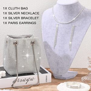 4 Pcs Rhinestone Purse Jewelry Set for Women Silver Wedding Bucket Bag Evening Purse Crossbody Shoulder Bucket Bags Crystal Choker Necklace and Earring Jewelry Set for Prom Party Wedding