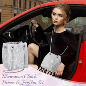 4 Pcs Rhinestone Purse Jewelry Set for Women Silver Wedding Bucket Bag Evening Purse Crossbody Shoulder Bucket Bags Crystal Choker Necklace and Earring Jewelry Set for Prom Party Wedding