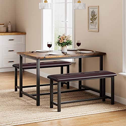 IDEALHOUSE 3 Piece Dining Table Set, Kitchen Table and Benches for 4, Rectangular Dining Room Table Set with 2 Upholstered Benches, Dining Table Set for Small Space, Apartment, Studio, Retro Brown