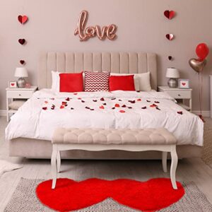 Valentines Day Heart Rug Double Heart Shaped Rug Decorative Non Slip Bathroom Rug Doormat Washable Love Shag Shower Mat Home Bedroom Living Room Entrance Welcome Floor Decor, 15.75 x 31.5 Inch (Red)