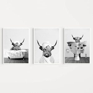 funny highland cow wall art in bathtub, black and white canvas cow in bathroom picture, humor animals bathroom artwork set of 3 prints kids bathroom decor (12x18in-3p unframed,black)