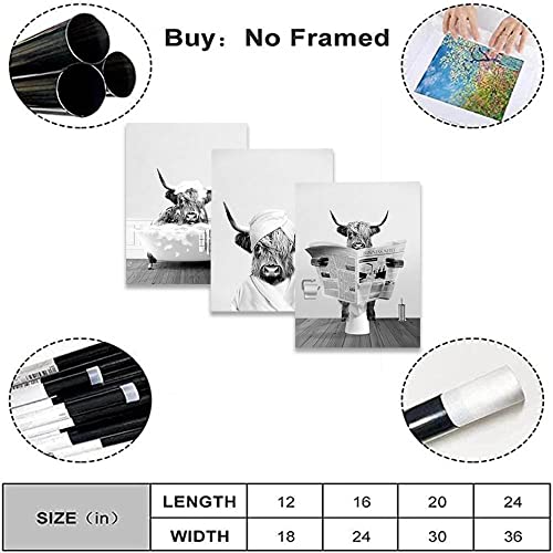 Funny Highland Cow Wall Art In Bathtub, Black and White Canvas Cow In Bathroom Picture, Humor Animals Bathroom Artwork Set of 3 Prints Kids Bathroom Decor (12x18in-3p Unframed,Black)