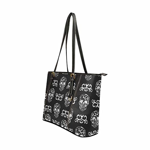 InterestPrint Skull Floral Pattern Women's Large Capacity Work Tote Shoulder Bag