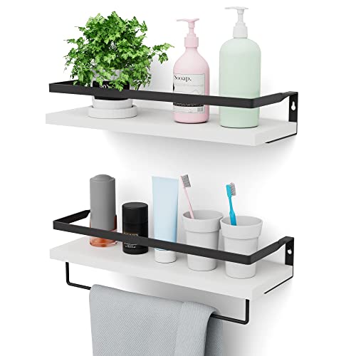 RichFire Floating Shelves Set of 2, Wall Shelves for Bathroom, Kitchen, Bedroom& Living Room, White Shelves for Wall Decor， Bathroom Shelves, Wall Shelves with Towel Bar