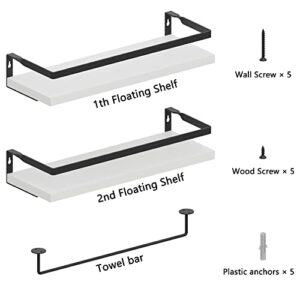 RichFire Floating Shelves Set of 2, Wall Shelves for Bathroom, Kitchen, Bedroom& Living Room, White Shelves for Wall Decor， Bathroom Shelves, Wall Shelves with Towel Bar