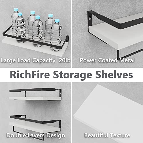 RichFire Floating Shelves Set of 2, Wall Shelves for Bathroom, Kitchen, Bedroom& Living Room, White Shelves for Wall Decor， Bathroom Shelves, Wall Shelves with Towel Bar