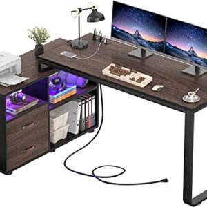 L Shaped Desk with File Cabinet & Power Outlet, 55 Inch Large Corner Computer Desks with LED Strip, L-Shaped Computer Desk with Drawers and Storage Shelves for Home Office, Espresso