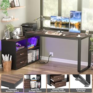L Shaped Desk with File Cabinet & Power Outlet, 55 Inch Large Corner Computer Desks with LED Strip, L-Shaped Computer Desk with Drawers and Storage Shelves for Home Office, Espresso