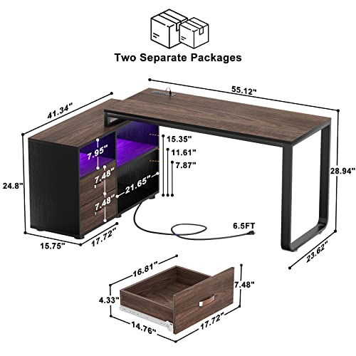 L Shaped Desk with File Cabinet & Power Outlet, 55 Inch Large Corner Computer Desks with LED Strip, L-Shaped Computer Desk with Drawers and Storage Shelves for Home Office, Espresso