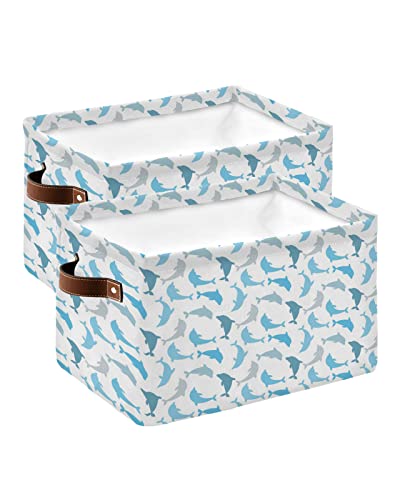 Storage Baskets for Shelves, Foldable Rectangle Storage Baskets, Cartoon Dolphin Silhouette Sea Animals Print Storage Containers for Organizing Dorm Closet Room, 2-Pack (15” x 11” x 9.5”)