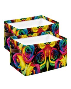 storage baskets for shelves, foldable rectangle storage baskets, colorful rainbow roses flower picture storage containers for organizing dorm closet room, 2-pack (15” x 11” x 9.5”)