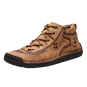 Fashion Summer and Autumn Men Leather Shoes Flat Soft Bottom Comfortable Mid Top Lace Up Casual Boot Leather Men (Brown, 9)