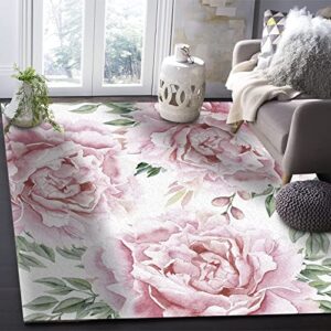 pink rose flower area rug, common peony flower decorative rug, easy clean carpet with anti-slip backing durable not falling off for bedroom living room dining room office 5ftx7ft