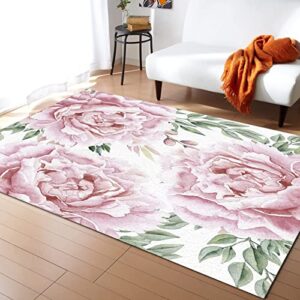 Pink Rose Flower Area Rug, Common Peony Flower Decorative Rug, Easy Clean Carpet with Anti-Slip Backing Durable Not Falling Off for Bedroom Living Room Dining Room Office 5ftx7ft