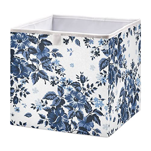 Kigai Navy Blue Flower Storage Baskets, 16x11x7 in Collapsible Fabric Storage Bins Organizer Rectangular Storage Box for Shelves, Closets, Laundry, Nursery, Home Decor