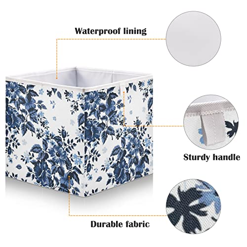 Kigai Navy Blue Flower Storage Baskets, 16x11x7 in Collapsible Fabric Storage Bins Organizer Rectangular Storage Box for Shelves, Closets, Laundry, Nursery, Home Decor