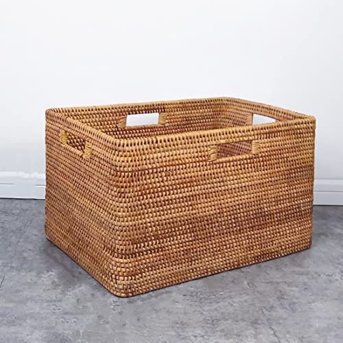 FUNFOB Household Square Woven Storage Basket with Four Cutout Handles Natural Rattan Storage Box for Serving Toy, clothing, books, daily necessities, sundries.