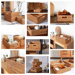 FUNFOB Household Square Woven Storage Basket with Four Cutout Handles Natural Rattan Storage Box for Serving Toy, clothing, books, daily necessities, sundries.