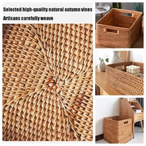 FUNFOB Household Square Woven Storage Basket with Four Cutout Handles Natural Rattan Storage Box for Serving Toy, clothing, books, daily necessities, sundries.