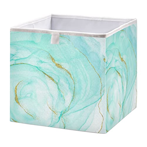 ALAZA Teal Turquoise Marble Fabric Cube Storage Bin,Collapsible Fabric Bins Organizer Foldable Basket For Closet Cabinet Shelf Office,15.75X10.63X6.96In