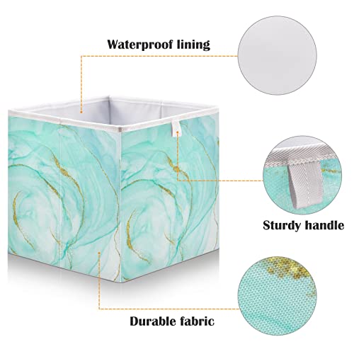 ALAZA Teal Turquoise Marble Fabric Cube Storage Bin,Collapsible Fabric Bins Organizer Foldable Basket For Closet Cabinet Shelf Office,15.75X10.63X6.96In