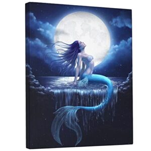 Mermaid Wall Art Moon Canvas Paintings with Framed Beach Picture Sea Artwork Prints Home Decor Hang for Bathroom Living Room Bedroom Kitchen 12x16 Inch