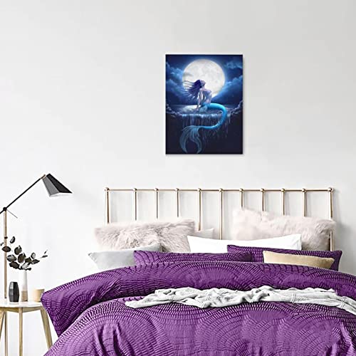 Mermaid Wall Art Moon Canvas Paintings with Framed Beach Picture Sea Artwork Prints Home Decor Hang for Bathroom Living Room Bedroom Kitchen 12x16 Inch