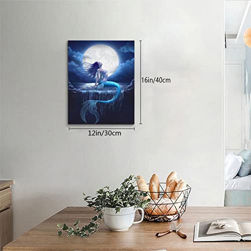 Mermaid Wall Art Moon Canvas Paintings with Framed Beach Picture Sea Artwork Prints Home Decor Hang for Bathroom Living Room Bedroom Kitchen 12x16 Inch