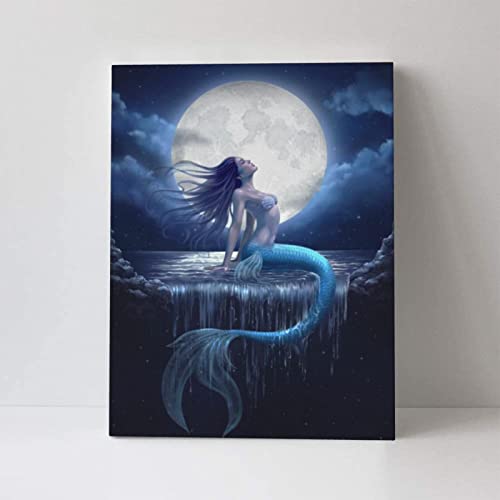 Mermaid Wall Art Moon Canvas Paintings with Framed Beach Picture Sea Artwork Prints Home Decor Hang for Bathroom Living Room Bedroom Kitchen 12x16 Inch
