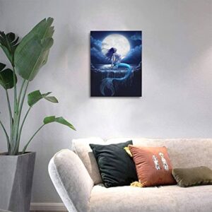 Mermaid Wall Art Moon Canvas Paintings with Framed Beach Picture Sea Artwork Prints Home Decor Hang for Bathroom Living Room Bedroom Kitchen 12x16 Inch