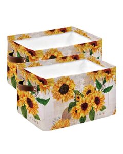 storage baskets for shelves, foldable rectangle storage baskets, sunflower with old newspaper storage containers for organizing dorm closet room, 2-pack (15” x 11” x 9.5”)