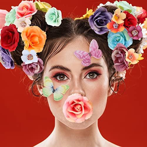 204 Pcs Faux Floral Heads Organza Butterfly Set Artificial Silk Mini Flowers Daisy Rose Small Fake Flowers Heads 3D 2 Layers Butterflies for Crafts Car Cake Wedding Party Decorations DIY Embellishment