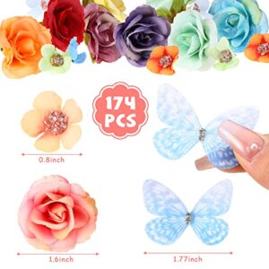 204 Pcs Faux Floral Heads Organza Butterfly Set Artificial Silk Mini Flowers Daisy Rose Small Fake Flowers Heads 3D 2 Layers Butterflies for Crafts Car Cake Wedding Party Decorations DIY Embellishment