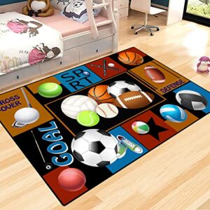 balls rugs area rug non-slip fun sport rugs, gaming carpet balls print with basketball rugby football tennis for boys girls bedroom play room game area home decor (63″ x 47″)