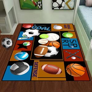 Balls Rugs Area Rug Non-Slip Fun Sport Rugs, Gaming Carpet Balls Print with Basketball Rugby Football Tennis for Boys Girls Bedroom Play Room Game Area Home Decor (63" x 47")