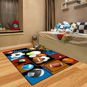 Balls Rugs Area Rug Non-Slip Fun Sport Rugs, Gaming Carpet Balls Print with Basketball Rugby Football Tennis for Boys Girls Bedroom Play Room Game Area Home Decor (63" x 47")