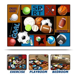 Balls Rugs Area Rug Non-Slip Fun Sport Rugs, Gaming Carpet Balls Print with Basketball Rugby Football Tennis for Boys Girls Bedroom Play Room Game Area Home Decor (63" x 47")