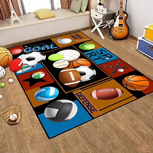 Balls Rugs Area Rug Non-Slip Fun Sport Rugs, Gaming Carpet Balls Print with Basketball Rugby Football Tennis for Boys Girls Bedroom Play Room Game Area Home Decor (63" x 47")