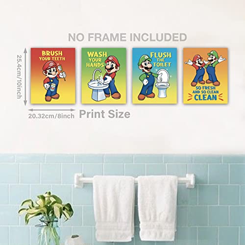 SWITHOM Super Mario Bathroom Wall decor - Unframed Boy's Bathroom Decor, 8X10 inch Super Mario Wall Art Prints for Kids Bathroom, Set of 4 Positive Quotes Toilet Wall Decor Art Prints for Bathroom