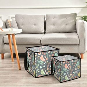 Kigai Retro Flowers Birds Cube Storage Bins, 13x13x13inch Collapsible Fabric Storage Cubes Organizer with Handles Decorative Storage Baskets for Home, Shelf, Closet