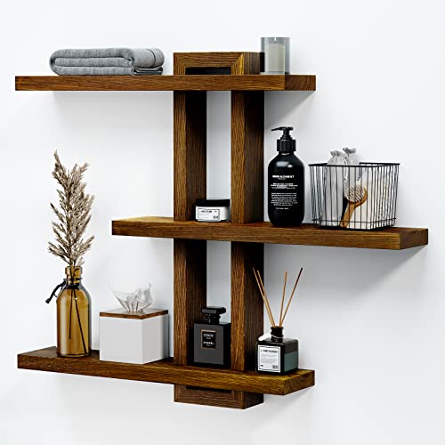 yaqew Variable Floating Shelves Wood Set of 4, Bathroom Shelves 28.35" Max, Rustic Shelves for Wall, Wall Shelves for Living Room Bedroom Farmhouse - Burnt Walnut Color - 28.35" x 23" x 4.3" Max