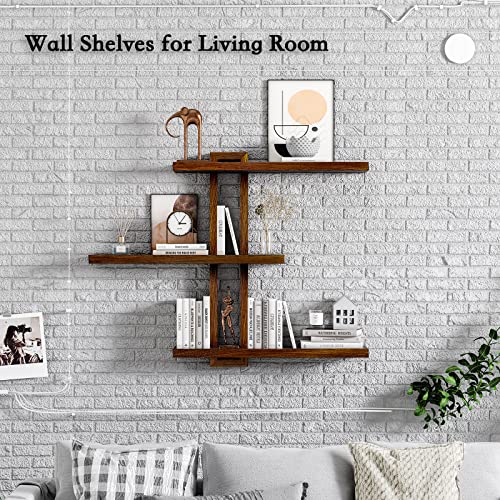 yaqew Variable Floating Shelves Wood Set of 4, Bathroom Shelves 28.35" Max, Rustic Shelves for Wall, Wall Shelves for Living Room Bedroom Farmhouse - Burnt Walnut Color - 28.35" x 23" x 4.3" Max