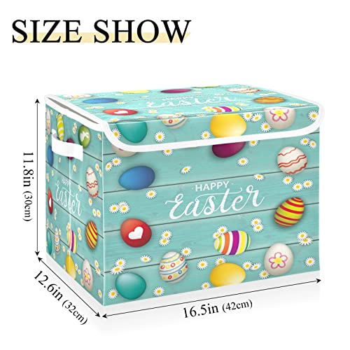 Easter Eggs Daisy Storage Basket 16.5x12.6x11.8 In Collapsible Fabric Storage Cubes Organizer Large Storage Bin with Lids and Handles for Shelves Bedroom Closet Office