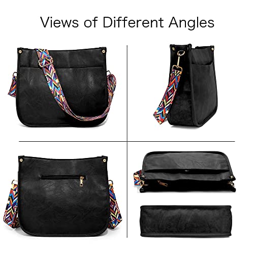 Vegan Leather Medium Crossbody Bags for Women Cross Body Purses Women's Crossbody Handbags Guitar Strap Purse Shoulder Underarm Hobo Bag Adjustable Straps Replacement Fashion Retro Casual Black