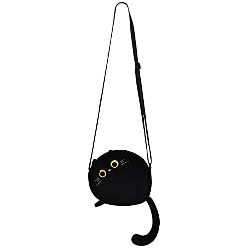 Chubby Plush Cat Crossbody Bag For Women, Cute Kitty Shoulder Bag With Tail, Lovely Animal Purse Satchel for JK Lolita (Black)