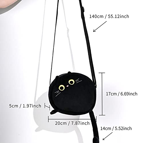 Chubby Plush Cat Crossbody Bag For Women, Cute Kitty Shoulder Bag With Tail, Lovely Animal Purse Satchel for JK Lolita (Black)