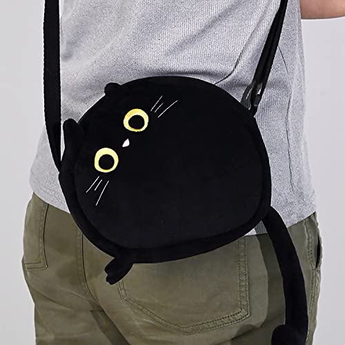 Chubby Plush Cat Crossbody Bag For Women, Cute Kitty Shoulder Bag With Tail, Lovely Animal Purse Satchel for JK Lolita (Black)